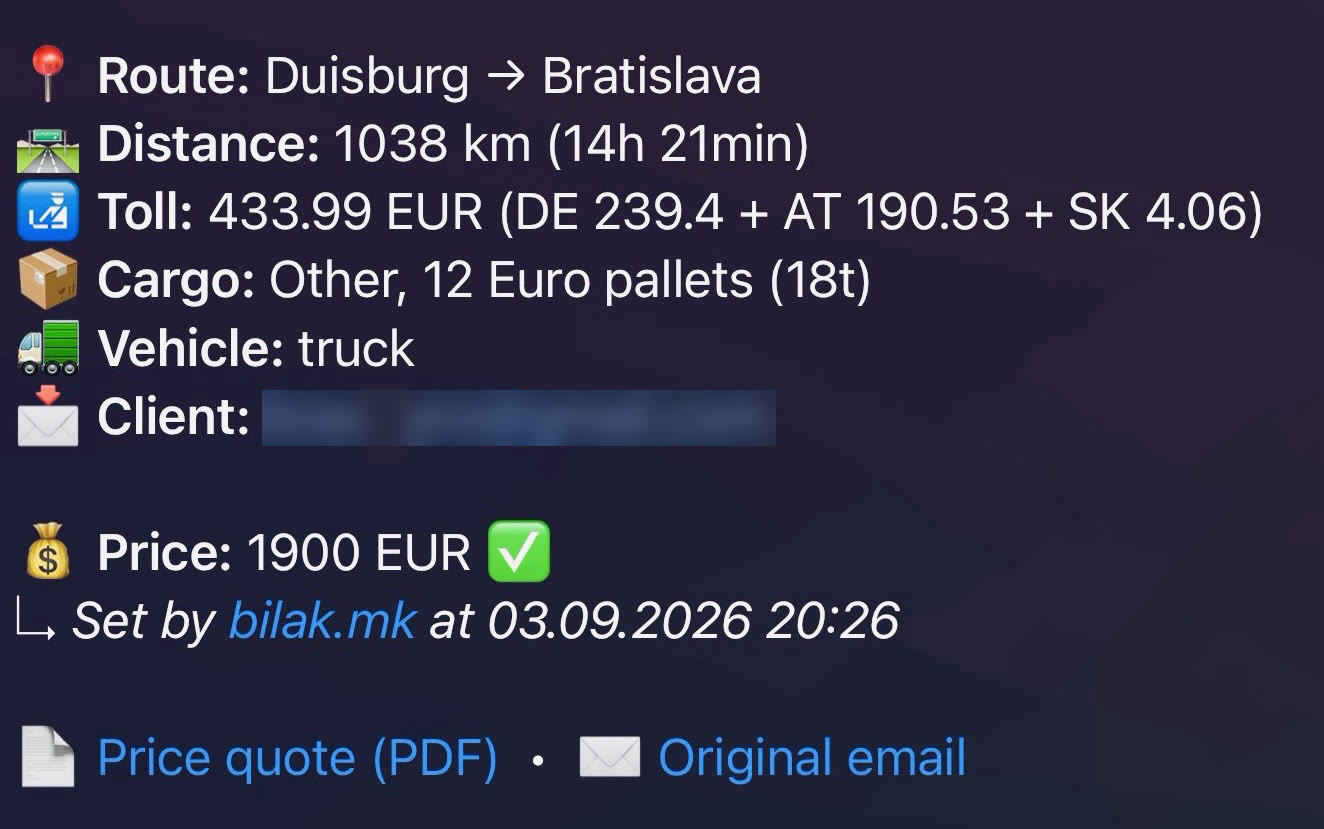 Inquiry card: route from Duisburg to Bratislava, 1,038 km, toll per country, cargo and the price typed in: €1,900